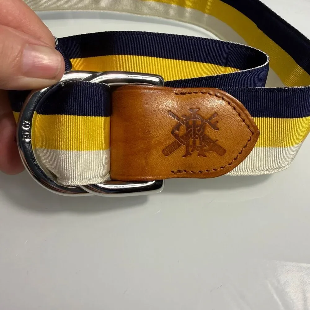 Ralph Lauren Made in England Striped Ribbon Leather Belt Navy Yellow Cream S
